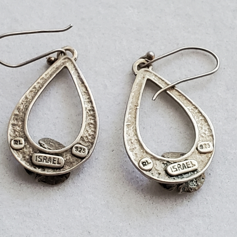RL Israel Matte Sterling Hammered Teardrop Earrings with Roses - Picture 6 of 8